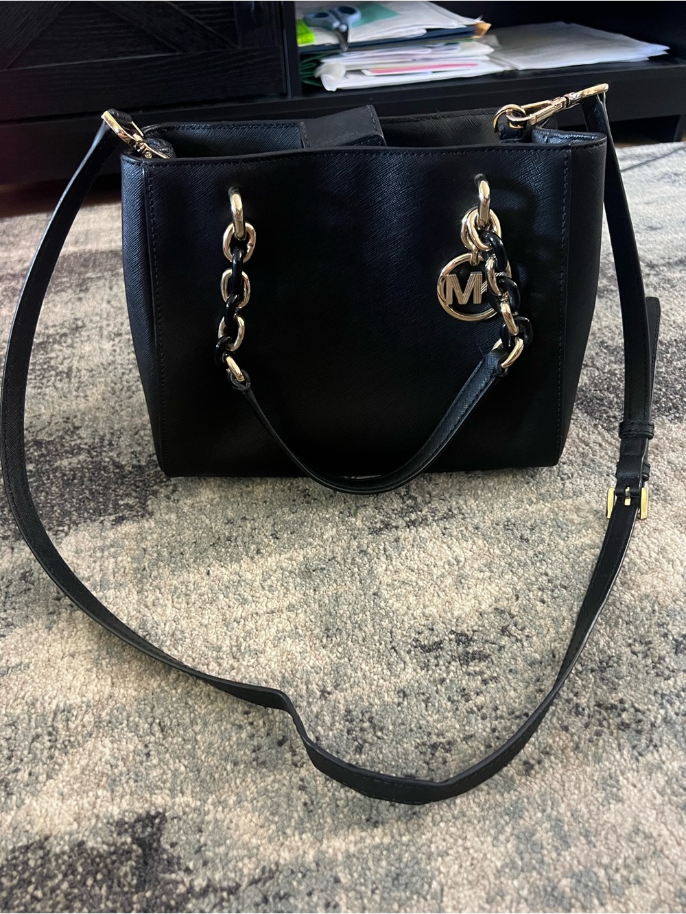 Michael Kors Black Saffiano Shoulder Tote with Gold Chain Accents